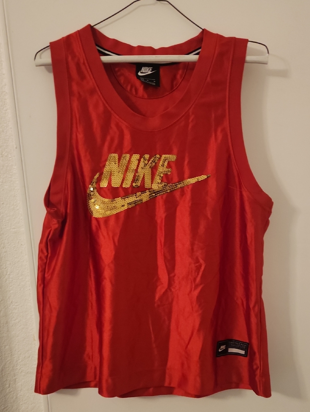 Nike Icon Clash Glam Dunk Jersey Tank Top Womens Red Gold Sequin Logo BV3038-657